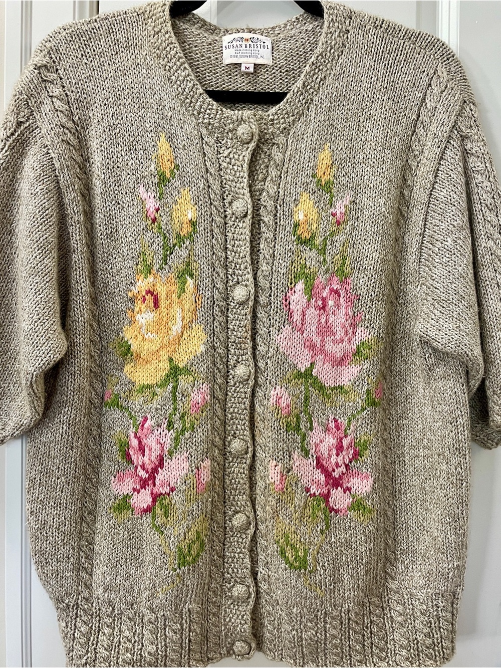 Vintage 1990s Susan Bristol Floral Ramie Cotton Knit Cardigan Sweater M - Picture 2 of 8